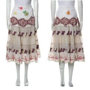 NWT JULIET DUNN Floral Embroidered Beaded Tiered Ruffle Boho Midi Skirt